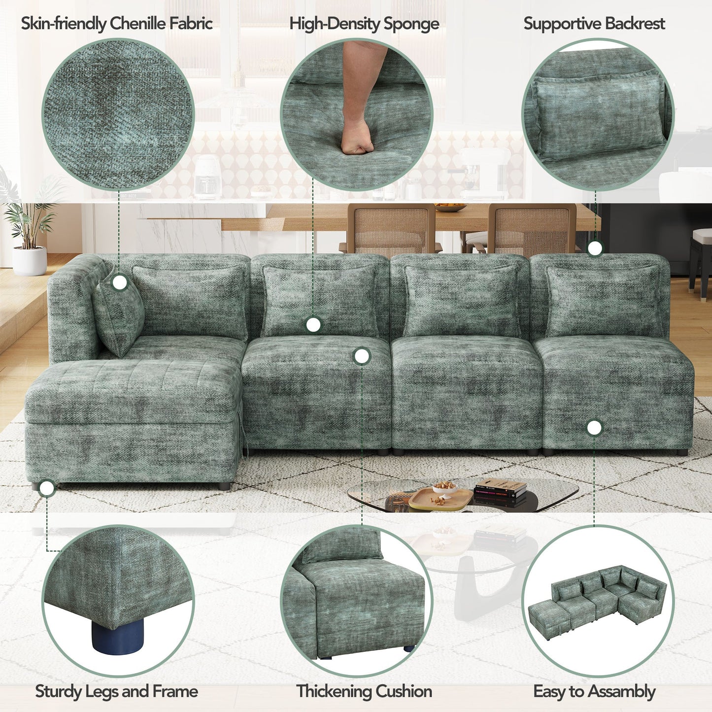 Free-Combined Sectional Sofa 5-seater Modular Couches with Storage - Magniastore